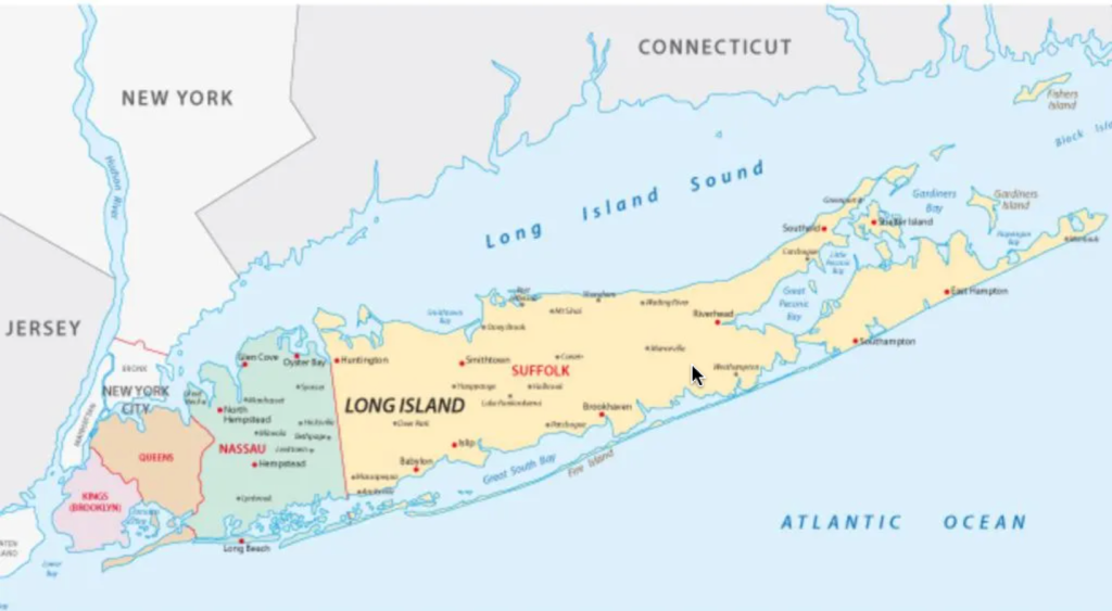 A map of the counties and large townships on Long Island.